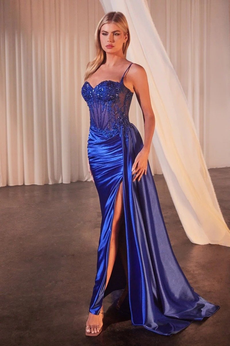 Elegantes Satin-Abendkleid mit Korsett und Schlitz - blau