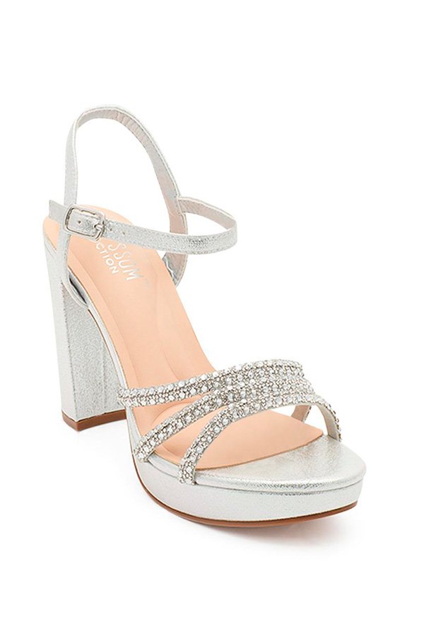 High Heel mit drei Strassriemen und Plateau - silber - boutique bromelia