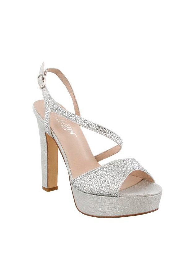 Plateau-High Heel mit Strass und Kreuzriemen - Silber - Boutique Bromelia